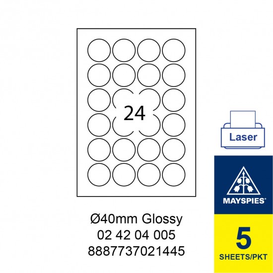MAYSPIES 02 42 04 005 PREMIUM COLOR LASER LABEL / 5 SHEETS/PKT WHITE GLOSSY 40MM ROUND